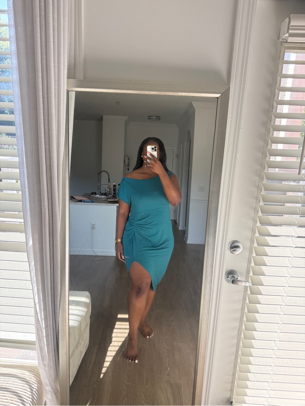 One-Shoulder Teal Ruched Side-Slit Dress